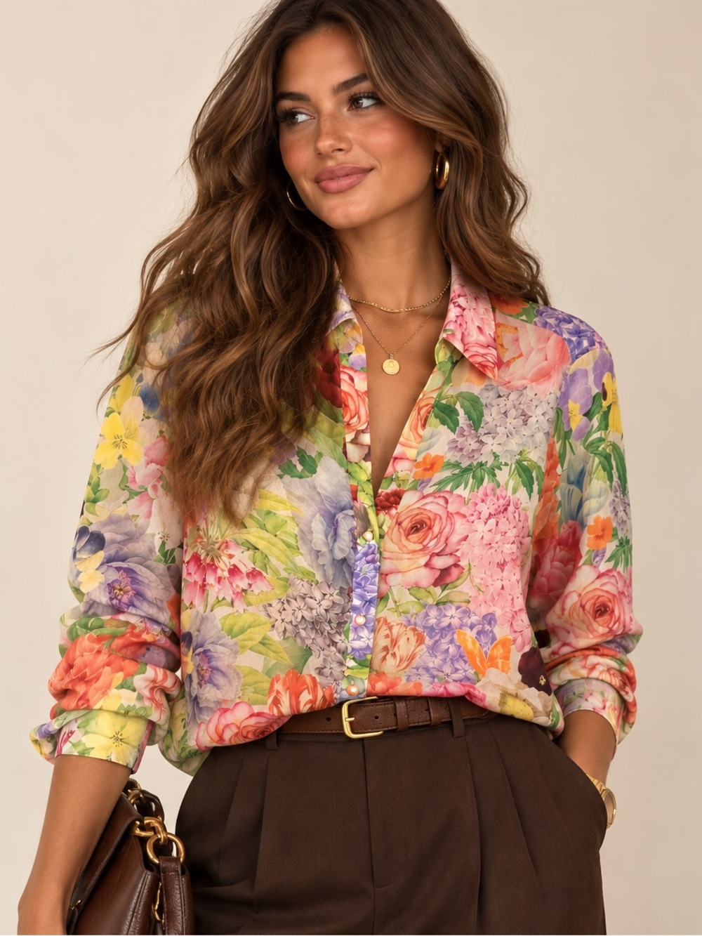 Alice + Olivia 100% Silk Floral Botanical Button Down Blouse Garden Shirt Size L